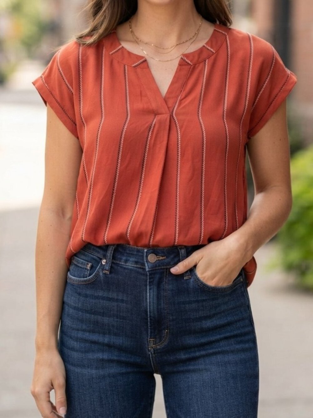 MINE Rust Orange Short Sleeve Blouse Striped Accent V-Neck Top Size S
